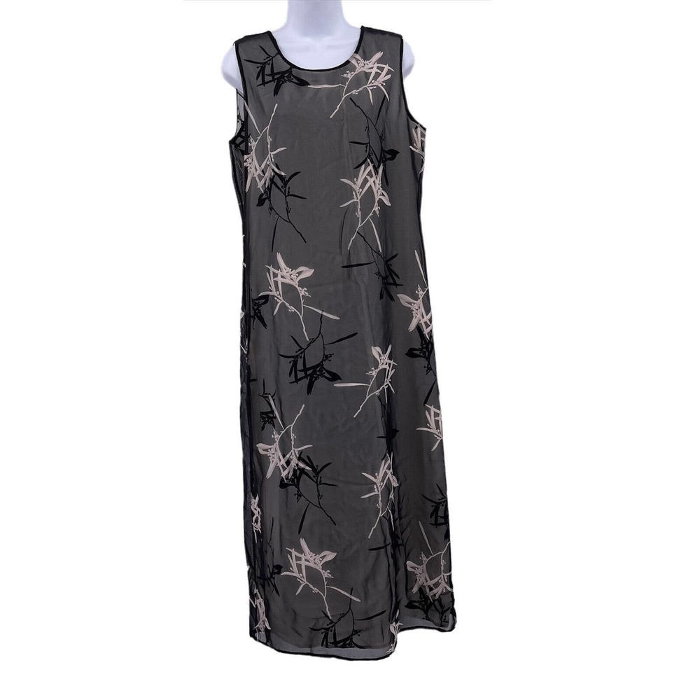 Black Sleeveless Dress Dressing Clio Sz M Cream Lining Sheer Abstract Overlay
